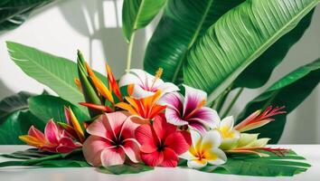 A bouquet of tropical flowers on a table photo