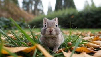 A small rabbit sitting in the grass with leaves photo