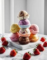 A stack of ice cream scoops on a marble table photo