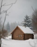 A small log cabin in the snow photo