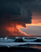 A stormy sky over the ocean with waves crashing into the shore photo