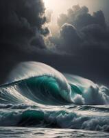 A large wave breaking on the ocean under a cloudy sky photo