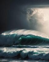 A large wave breaking on the ocean with a dark sky photo