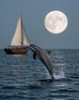 A dolphin jumping out of the water with a sailboat in the background photo