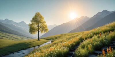A tree stands in the middle of a field with a stream photo
