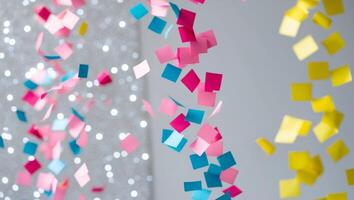 A group of colorful paper confetti falling from the ceiling photo