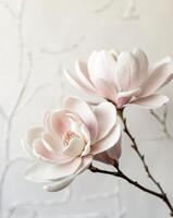Two white flowers are on a branch photo