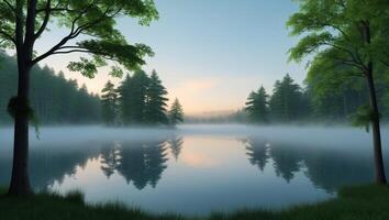 A lake surrounded by trees and fog photo