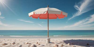 An umbrella on the beach with shells and sand photo