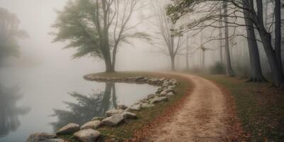 A path leads to a lake surrounded by trees photo