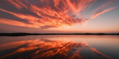 A sunset over a lake with clouds reflected in the water photo