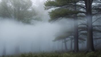 A foggy forest with trees and fog photo