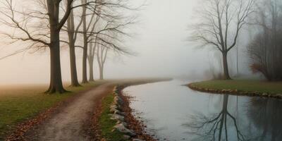 A path leads to a river in the fog photo