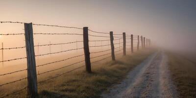 A fence is seen in the fog on a country road photo