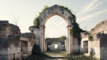 An archway in an old stone building with vines growing through it photo