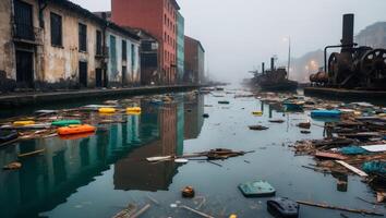 A canal filled with garbage and debris photo