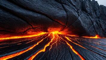 Lava flows from the ground into the ocean photo