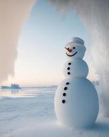 A snowman standing in front of a cave photo