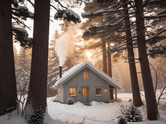 A small cabin in the woods with snow on the ground