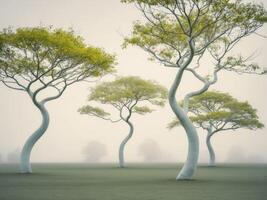 Three trees in a foggy field photo