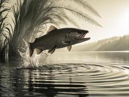 A fish jumping out of the water with a tree in the background photo
