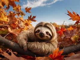 A sloth sits on a branch surrounded by fall leaves photo