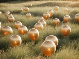 Golden balloons in a field of grass photo