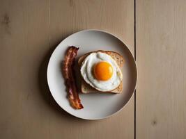A plate with an egg, bacon and toast photo