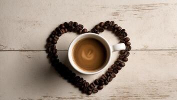 Coffee beans in heart shape on wooden background photo