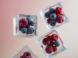 Four cubes of ice with berries in them photo