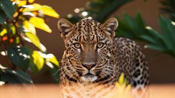 A leopard is looking at the camera in front of some plants photo