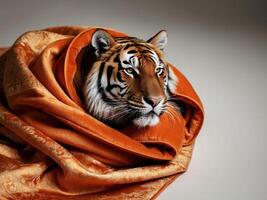 A tiger is wrapped in an orange blanket photo