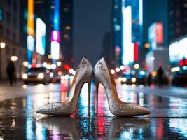 A pair of high heels on a wet street photo