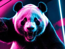 A panda bear is holding a gun in front of a neon sign photo