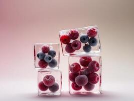 Three ice cubes with berries in them photo