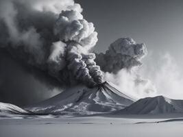 A black and white photo of a volcano