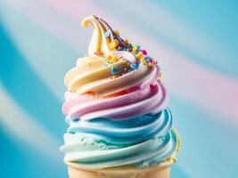 A colorful ice cream cone with rainbow swirls photo