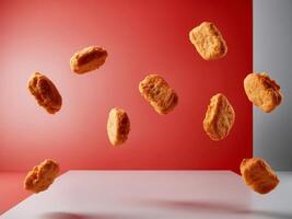 A group of fried chicken nuggets falling from the air photo