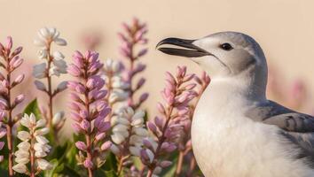A seagull is standing in front of some flowers photo
