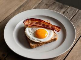 A plate with an egg and bacon on it photo