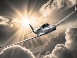 A small airplane flying through the clouds photo