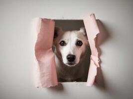 A dog peeks out from a hole in a wall photo