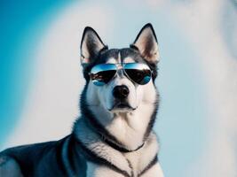 A husky dog wearing sunglasses and looking at the camera photo