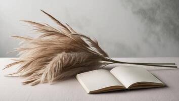 Pampas grass and open book on table photo