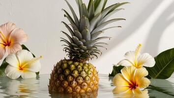 A pineapple is sitting in water with flowers photo