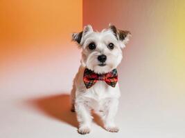 A small white dog wearing a plaid bow tie photo