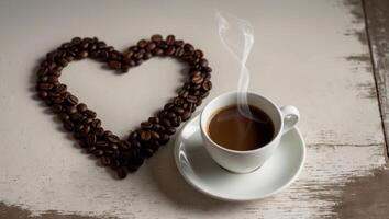 Coffee beans and heart shape on wooden table photo