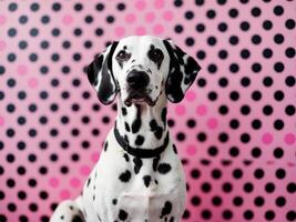 A dalmatian dog sitting in front of a pink polka dot background photo