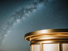 A telescope is sitting on top of a building with a milky in the background photo