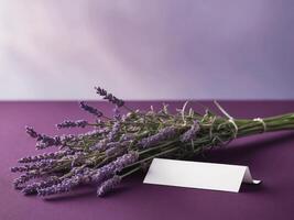 Lavender flowers on purple background with blank card space for text photo